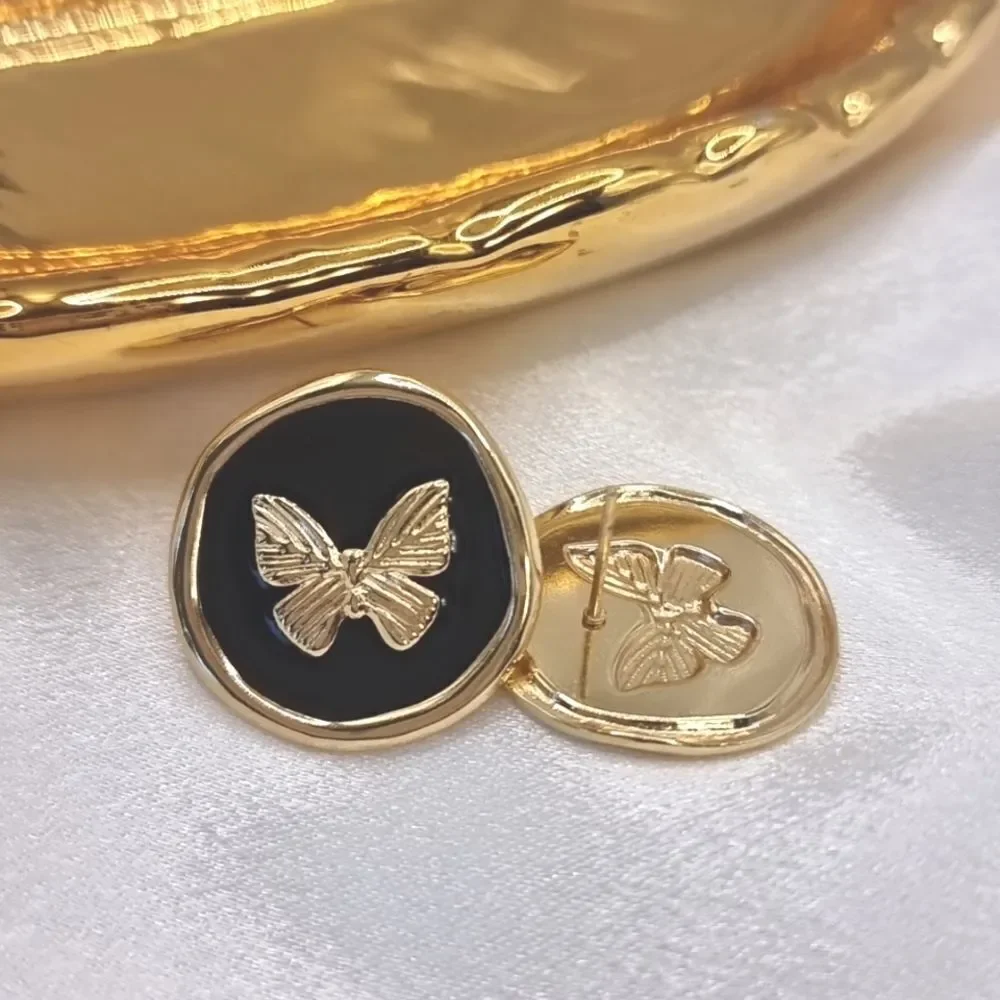 New! Vintage Style Black Enamel Gold Butterfly Stud Earrings Gold Plated A4 NWOT